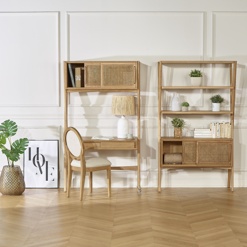 KITTY - Modern style shelf desk in wood and cane, 1 cabinet, 1 drawer