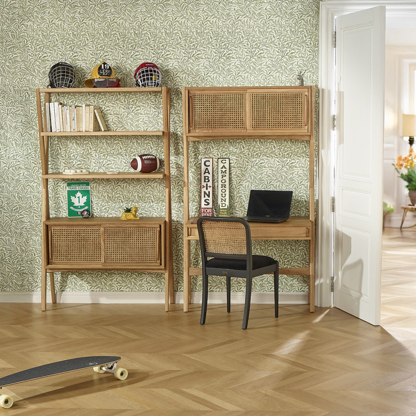 KITTY - Modern style shelf desk in wood and cane, 1 cabinet, 1 drawer