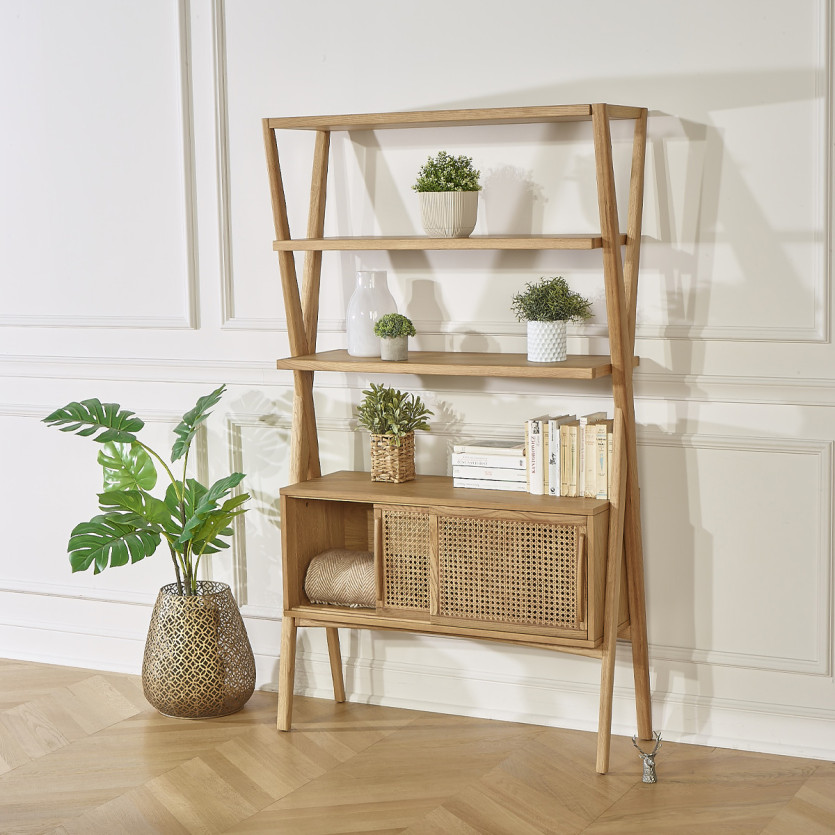 DOROTHY - Modern style shelf in oak and cane, 2 sliding doors, 3 open shelves