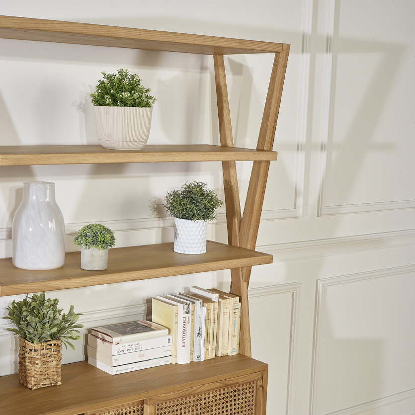 DOROTHY - Modern style shelf in oak and cane, 2 sliding doors, 3 open shelves