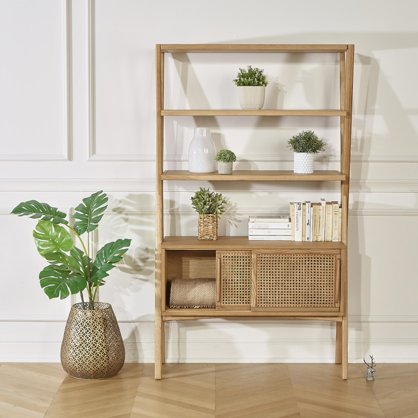 DOROTHY - Modern style shelf in oak and cane, 2 sliding doors, 3 open shelves