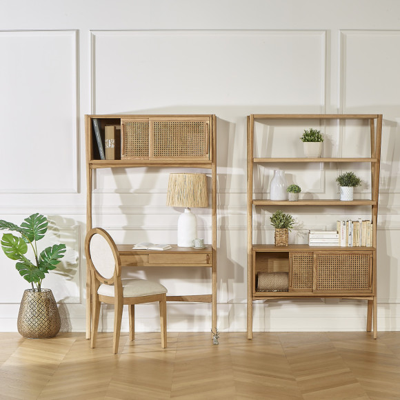 DOROTHY - Estantería de estilo moderno en roble y rejilla, 2 puertas correderas, 3 estantes abiertos