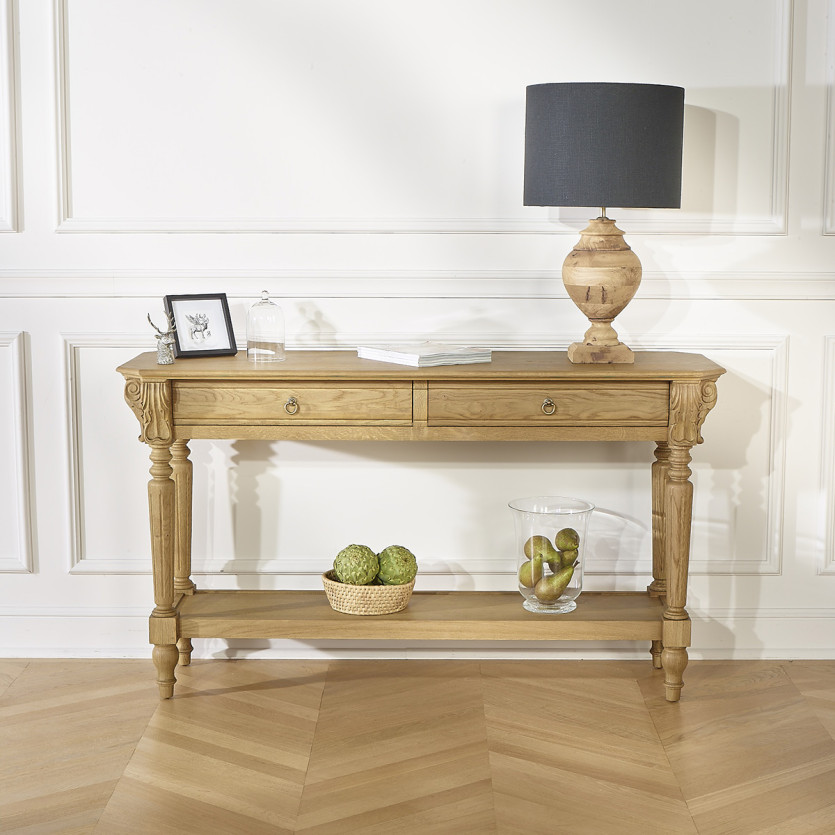 Mesa de apoio simples CLAUDE – Estilo shabby chic, tampo em carvalho, 2 gavetas