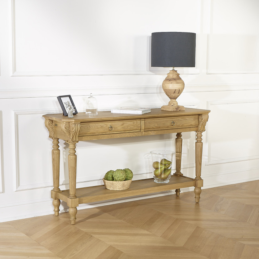 Claude – Console doppio stile shabby chic, piano in quercia, 2 cassetti