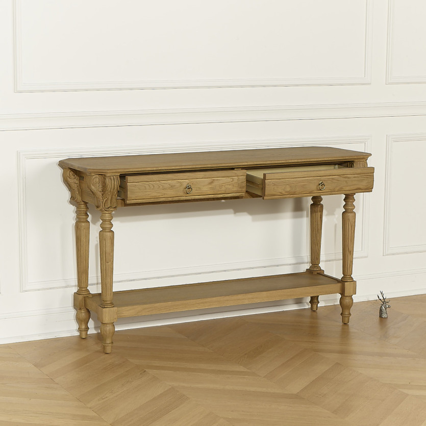 Mesa de apoio simples CLAUDE – Estilo shabby chic, tampo em carvalho, 2 gavetas