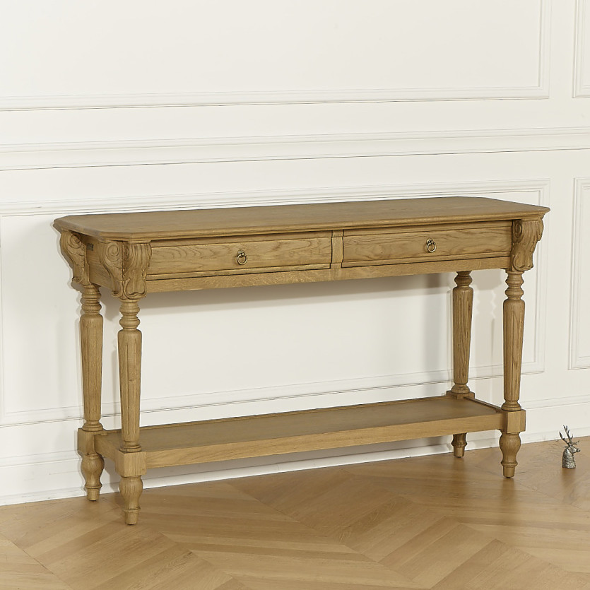 Mesa de apoio simples CLAUDE – Estilo shabby chic, tampo em carvalho, 2 gavetas