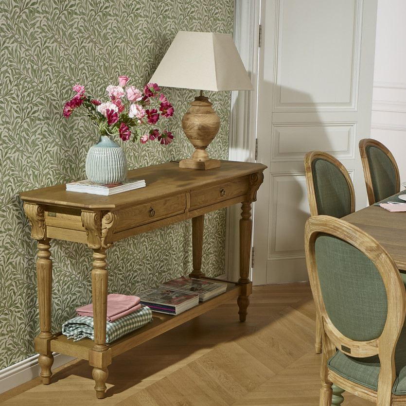 Mesa de apoio simples CLAUDE – Estilo shabby chic, tampo em carvalho, 2 gavetas