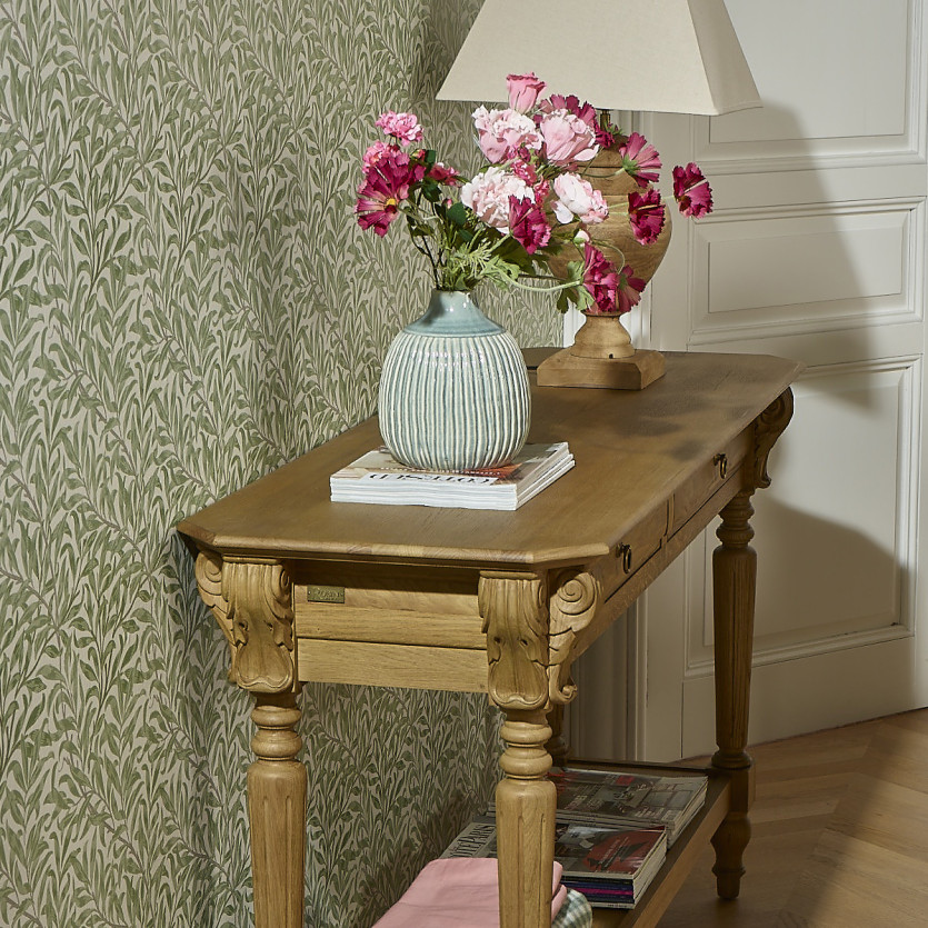 Mesa de apoio simples CLAUDE – Estilo shabby chic, tampo em carvalho, 2 gavetas