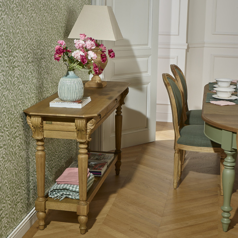 Console sala da pranzo CLAUDE – Stile shabby chic, piano in rovere, 2 cassetti