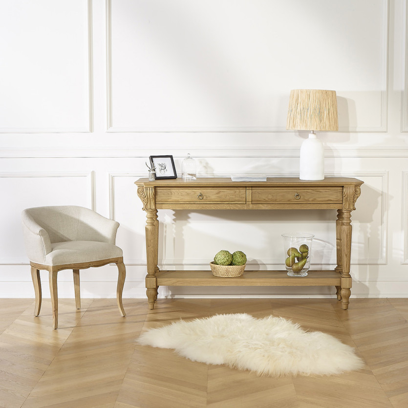 Mesa de apoio simples CLAUDE – Estilo shabby chic, tampo em carvalho, 2 gavetas