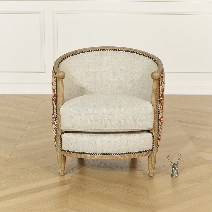 CAROLE TREVISE - Sessel im Shabby-Chic-Stil aus Eiche, Leinen und rot-gelb geblümtem Stoff, 1 Sitzplatz