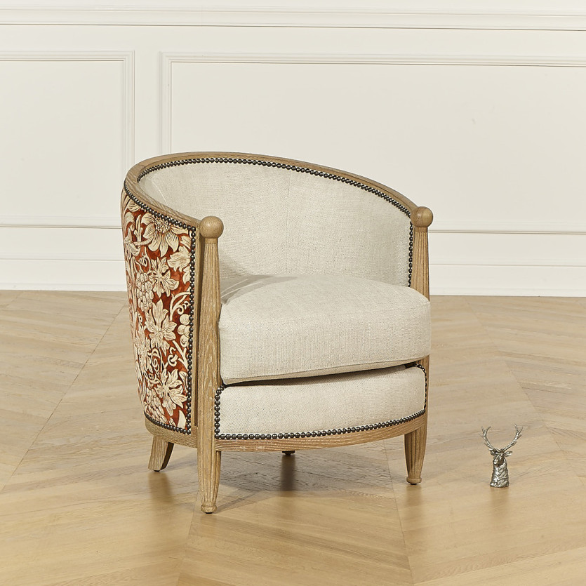 CAROLE TREVISE - Shabby chic style armchair in oak, linen, and red and yellow floral fabric, 1 seat