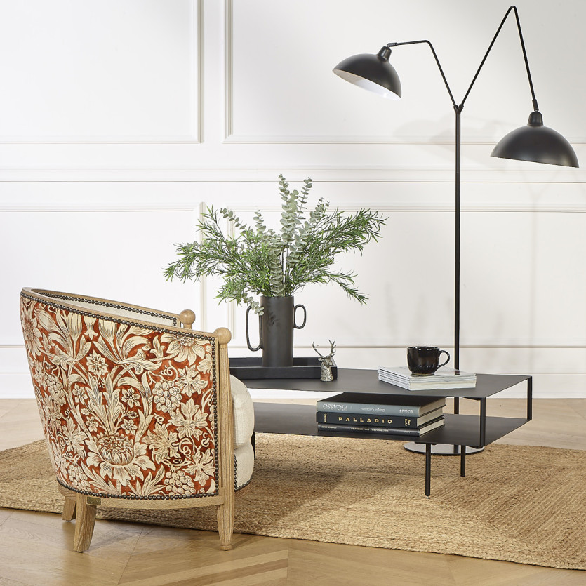 CAROLE TREVISE - Poltrona stile shabby chic in rovere, lino e tessuto floreale rosso e giallo, 1 posto