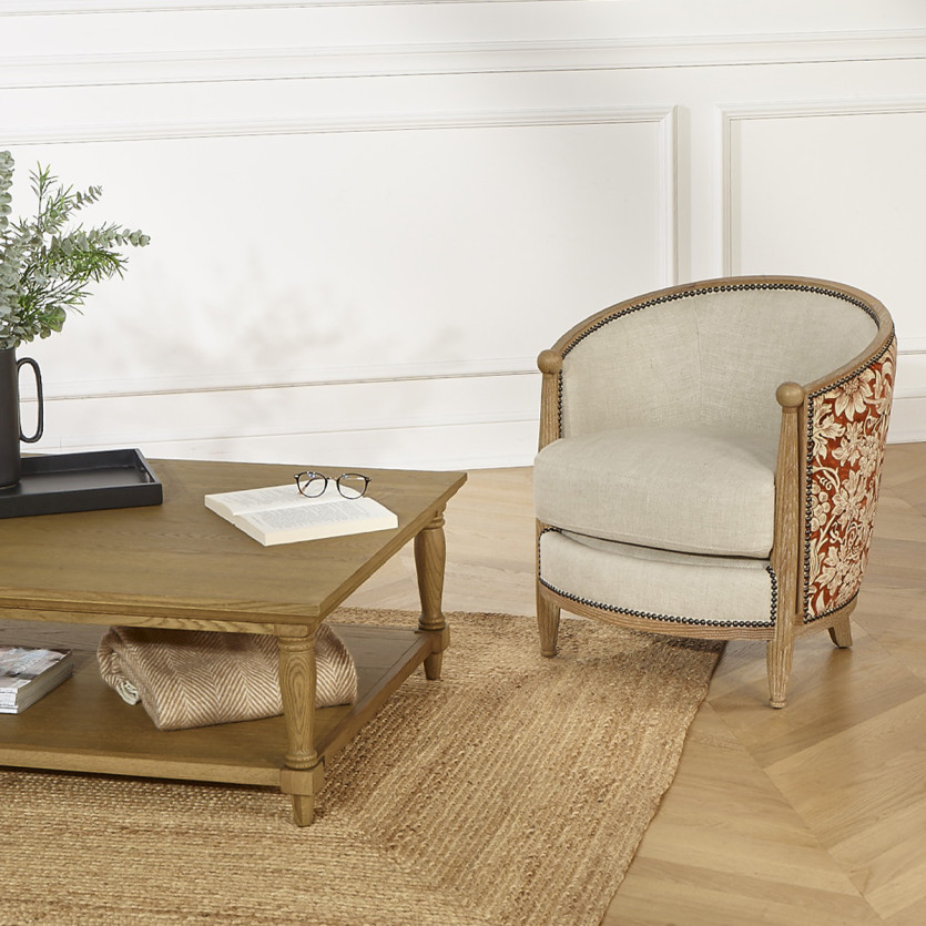 CAROLE TREVISE - Shabby chic style armchair in oak, linen, and red and yellow floral fabric, 1 seat