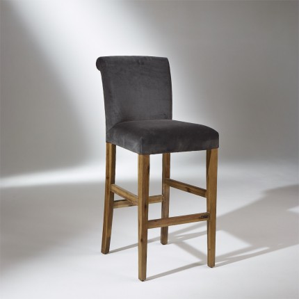 Chaise de bar ALIX, acacia massif, velours gris