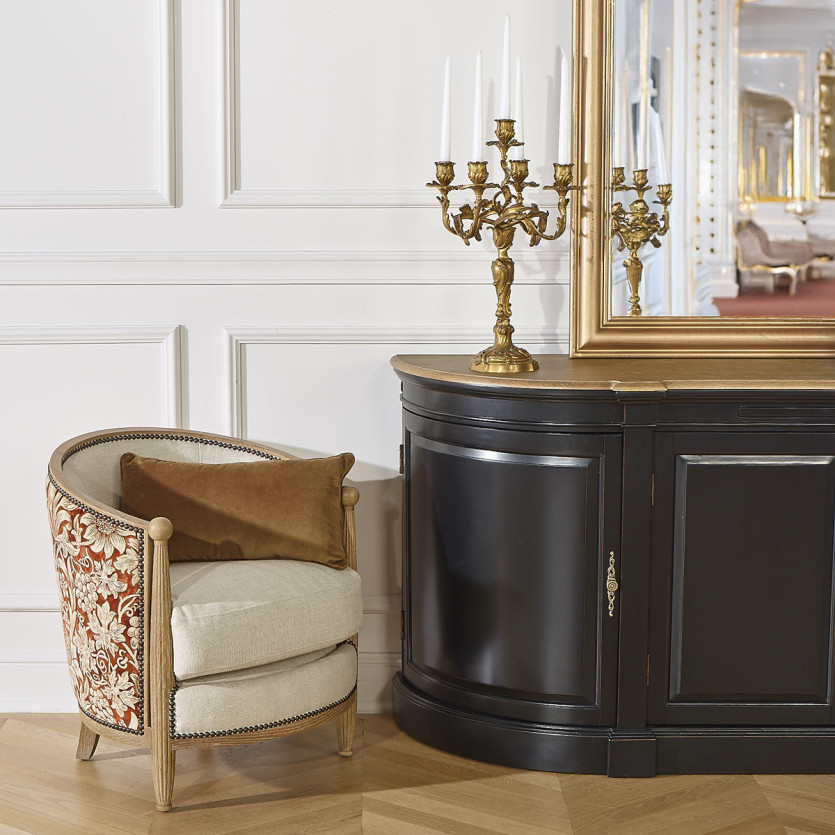 CAROLE TREVISE - Poltrona stile shabby chic in rovere, lino e tessuto floreale rosso e giallo, 1 posto