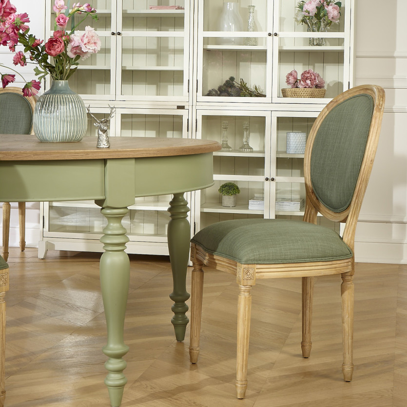 MEDAILLON SAUGE - Set of 2 Louis XV style chairs in sage green fabric and solid oak
