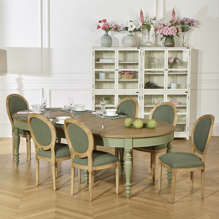 MEDAILLON SAUGE - Set of 2 Louis XV style chairs in sage green fabric and solid oak
