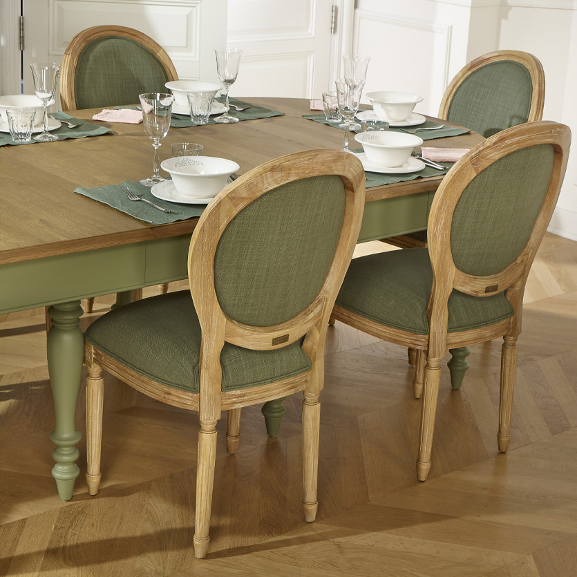 Set of 2 MEDAILLON SAUGE chairs - Louis XV style in sage green fabric and solid wood