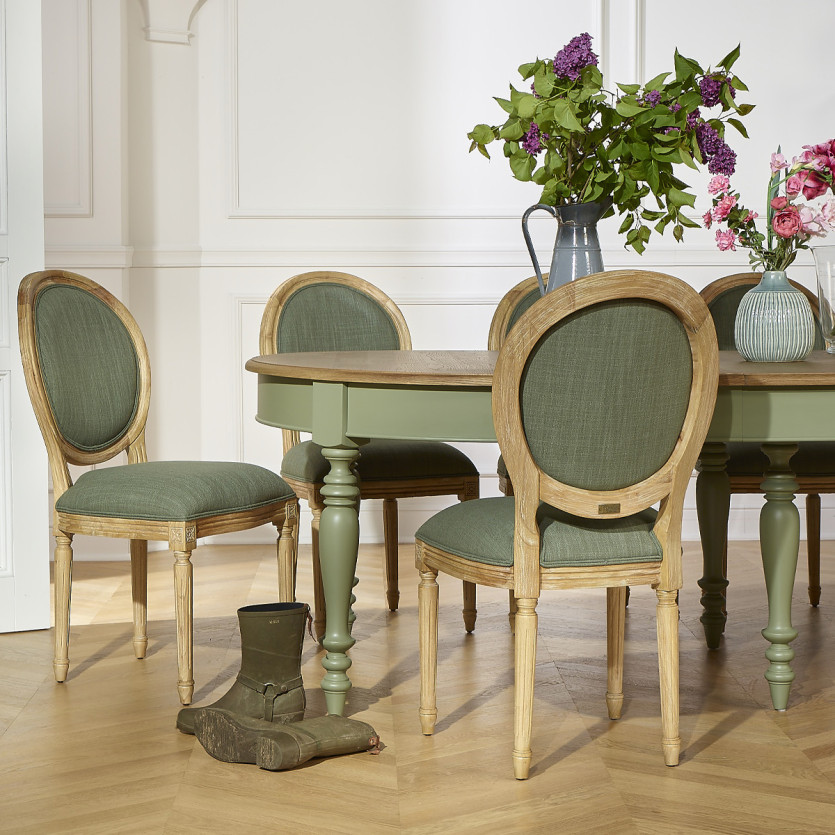 MEDAILLON SAUGE - Set of 2 Louis XV style chairs in sage green fabric and solid oak