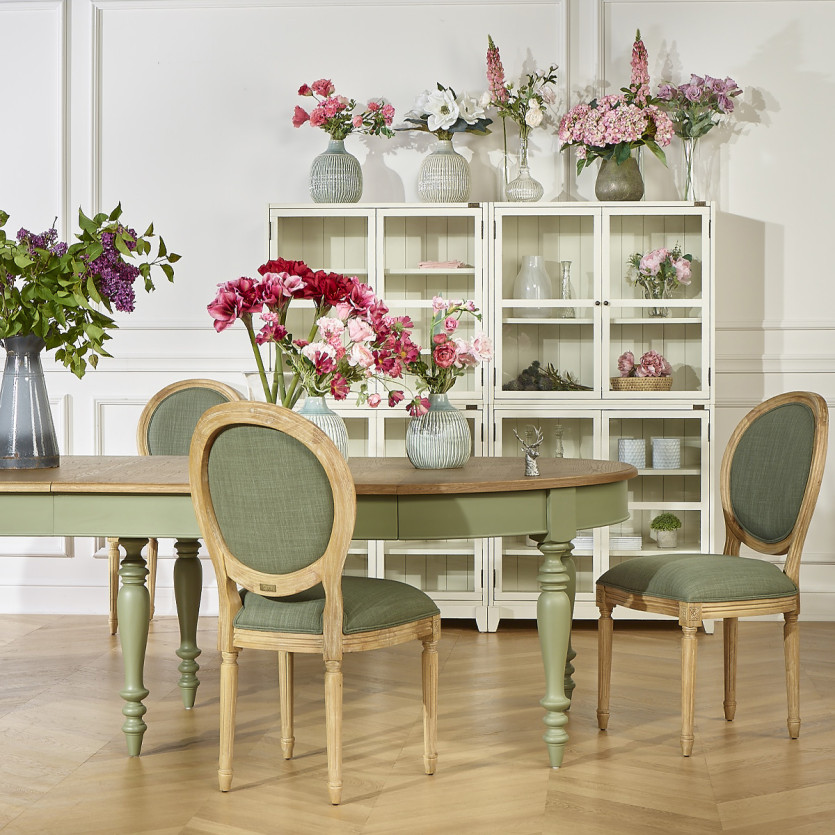 MEDAILLON SAUGE - Set of 2 Louis XV style chairs in sage green fabric and solid oak