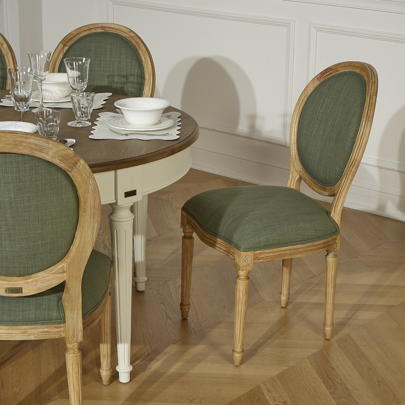 MEDAILLON SAUGE - Set of 2 Louis XV style chairs in sage green fabric and solid oak