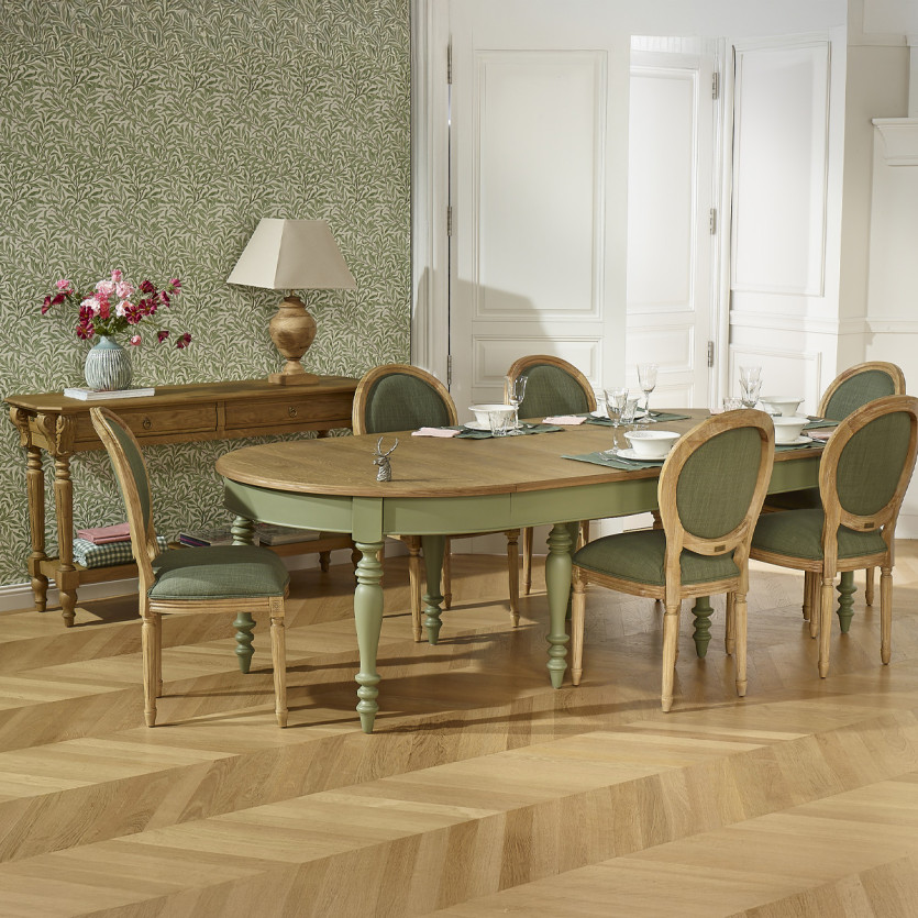 JADE – Extendable table in shabby chic style, oak top, seats 16 guests