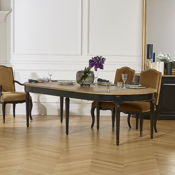 Uitschuifbare eettafel FLORENCE - Shabby chic stijl in eiken, zwarte poten, 4/10 personen