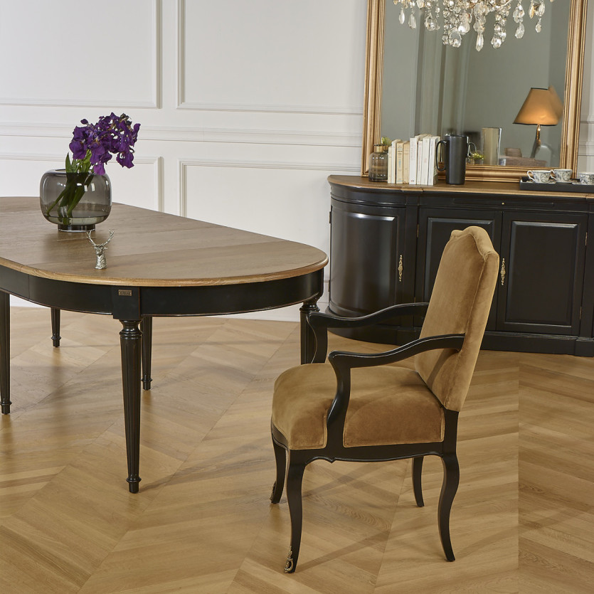 Mesa de jantar extensível FLORENCE - Estilo shabby chic em carvalho, pés pretos, 4/10 lugares