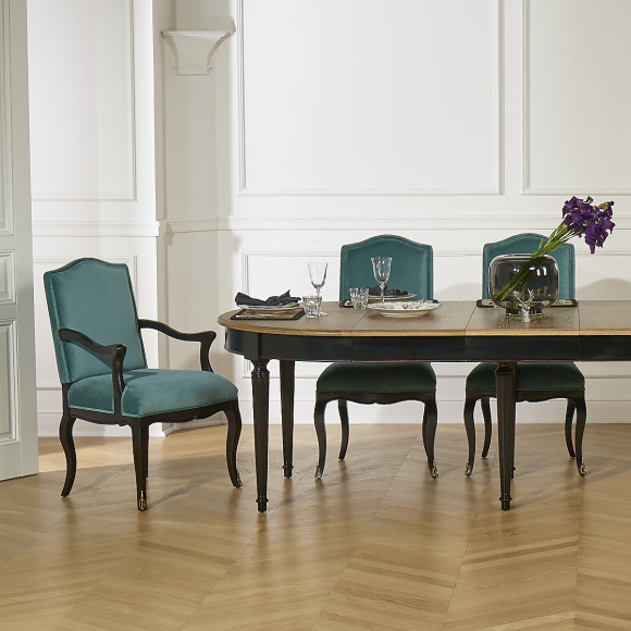 Uitschuifbare eettafel FLORENCE - Shabby chic stijl in eiken, zwarte poten, 4/10 personen