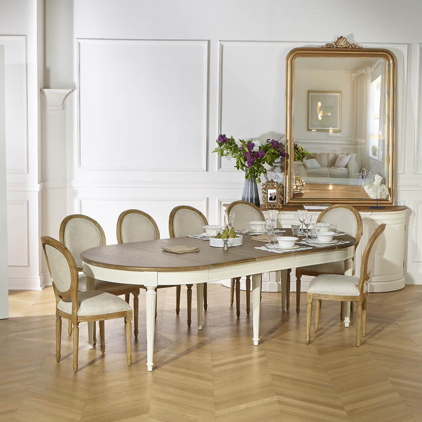 FLORENCE - Mesa de comedor extensible blanca de estilo romántico, madera maciza, 4/10 cubiertos