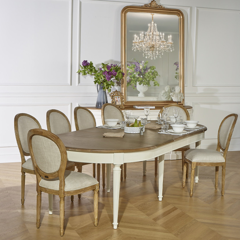 FLORENCE - Table à manger à rallonges style romantique en chêne, 4/10 couverts, bois certifié FSC®