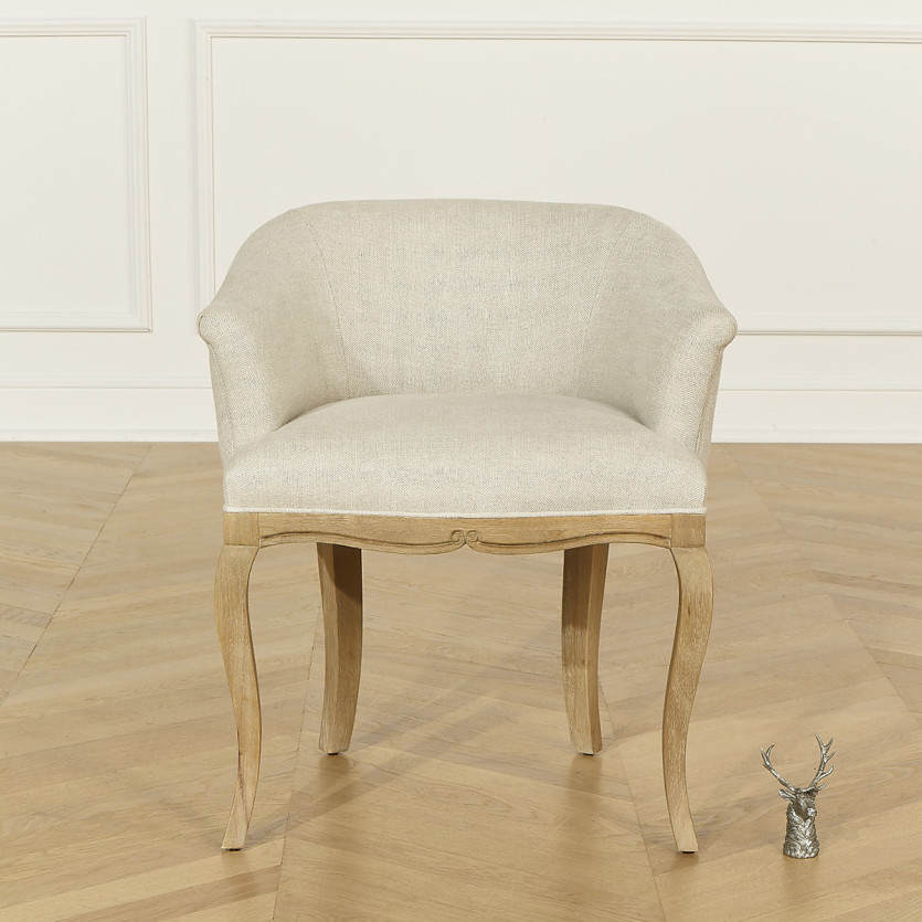 GRETA - Fauteuil bureau style classique en lin premium et bois massif