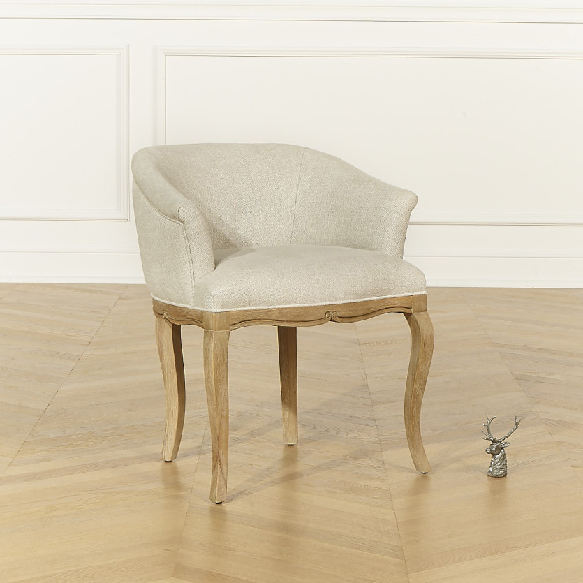 GRETA - Fauteuil bureau style classique en lin premium et bois massif