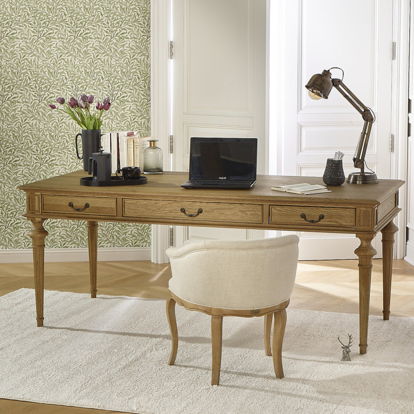 GRETA - Fauteuil bureau style classique en lin premium et bois massif
