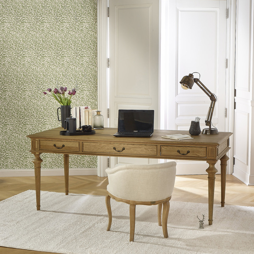GRETA - Fauteuil bureau style classique en lin premium et bois massif