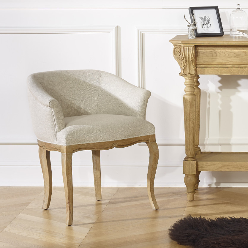 GRETA - Fauteuil bureau style classique en lin premium et bois massif