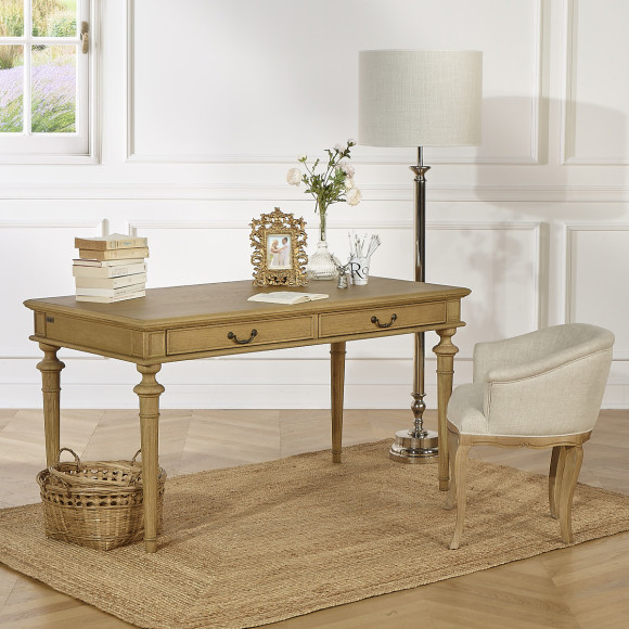 YVAN - Bureau style shabby chic en chêne massif, 2 tiroirs