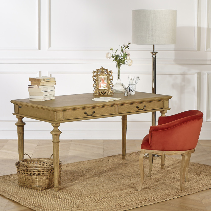 GRETA - Fauteuil bureau style classique en velours et bois massif