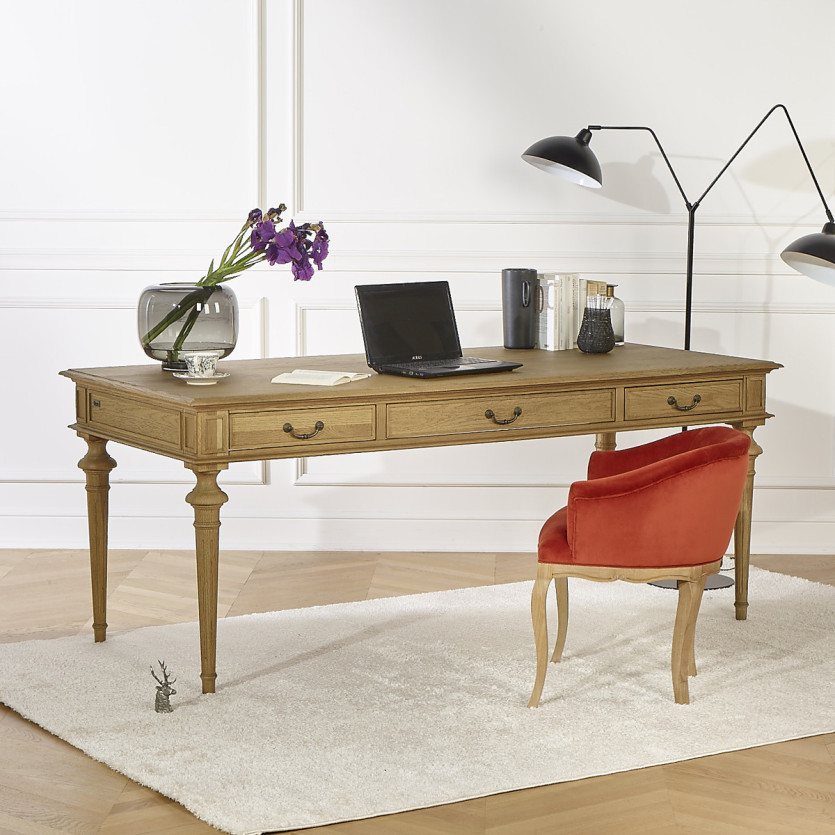 GRETA - Fauteuil bureau style classique en velours et bois massif