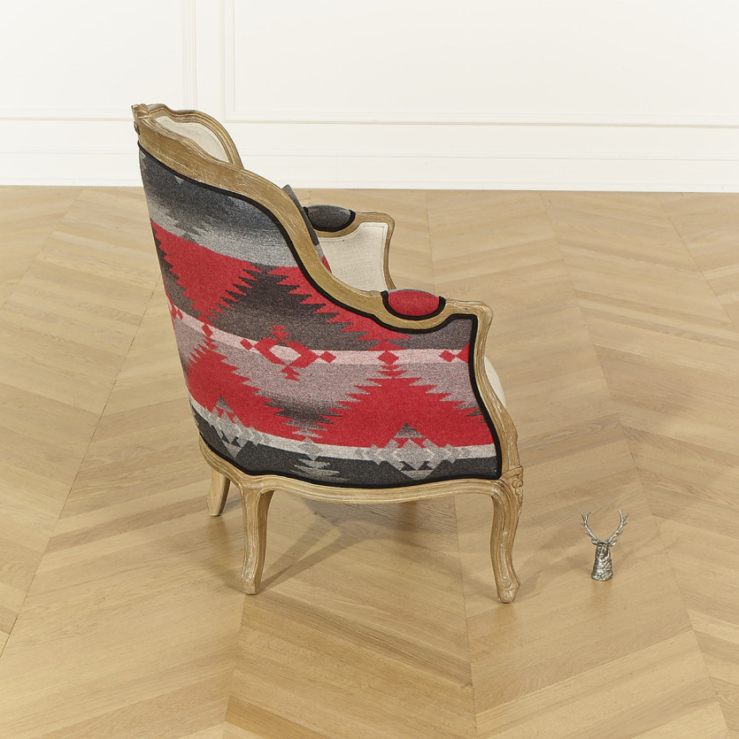 Bergère Armchair VICTOR NAVAJO - Chalet style in printed wool, natural linen, and solid wood, 1 seat