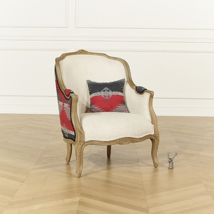 VICTOR NAVAJO - Chalet-style living room armchair in printed wool, natural linen, and solid wood, 1 seat
