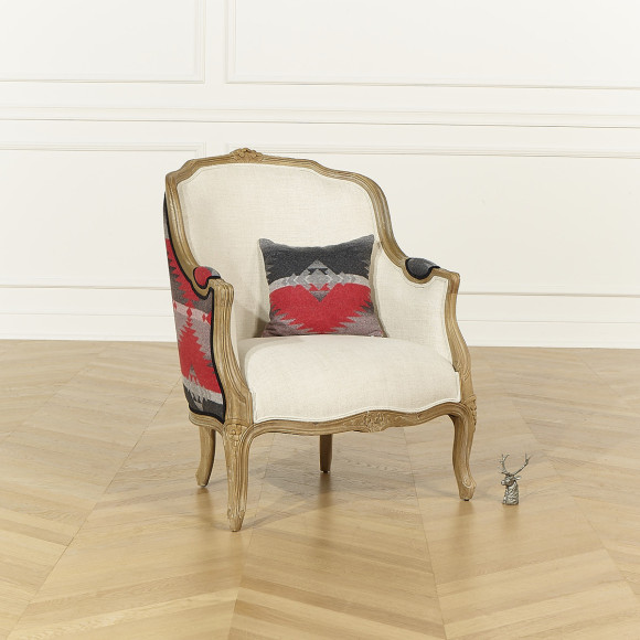 Bergère Armchair VICTOR NAVAJO - Chalet style in printed wool, natural linen, and solid wood, 1 seat