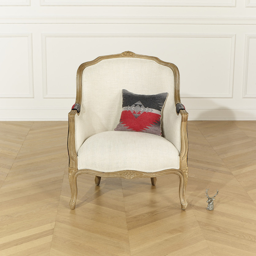 Bergère Armchair VICTOR NAVAJO - Chalet style in printed wool, natural linen, and solid wood, 1 seat