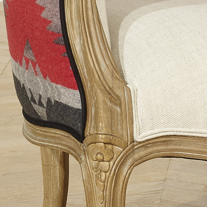 Bergère Armchair VICTOR NAVAJO - Chalet style in printed wool, natural linen, and solid wood, 1 seat