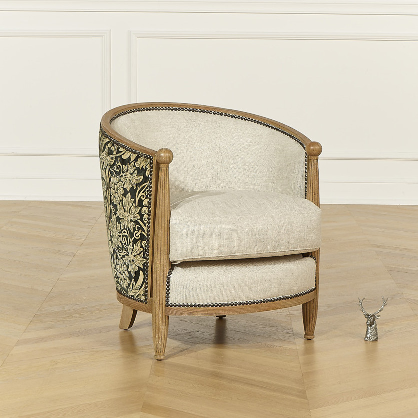 CAROLE VERONE - Fauteuil tonneau style shabby chic en chêne, lin et tissu fleuri noir et jaune, 1 place
