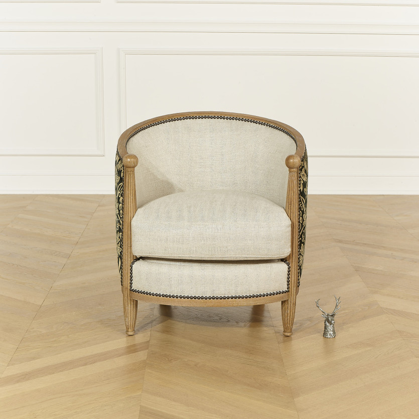 CAROLE VERONE - Shabby chic style barrel chair in oak, linen, and black and yellow floral fabric, 1 seat