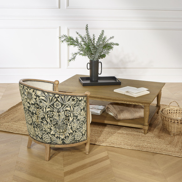 CAROLE VERONE - Fauteuil tonneau style shabby chic en chêne, lin et tissu fleuri noir et jaune, 1 place