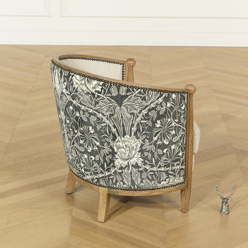 CAROLE POSITANO - Poltrona da salotto stile shabby chic in rovere, lino e tessuto floreale grigio e bianco, 1 posto
