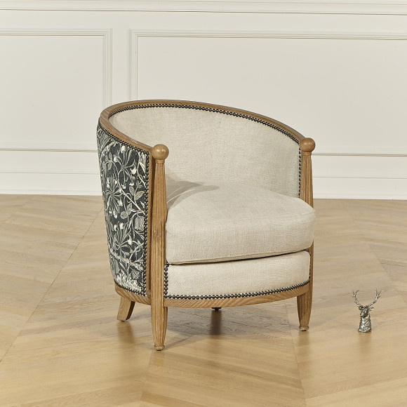 CAROLE POSITANO - Fauteuil de salon style shabby chic en chêne, lin et tissu fleuri gris et blanc, 1 place